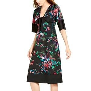Trina Turk Bow Deep V Floral Print A-Line Midi Dress Size 6
